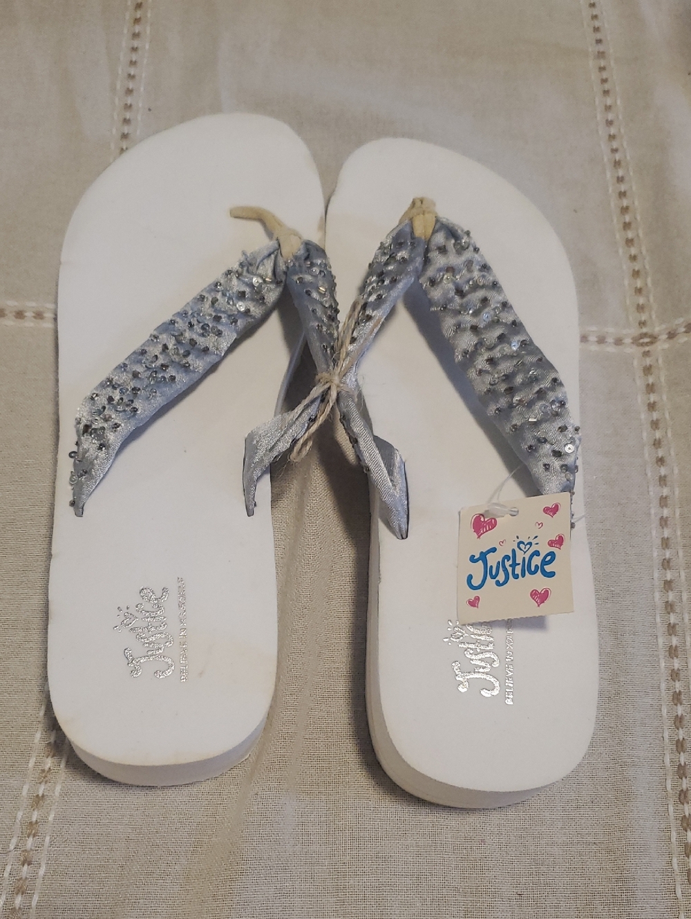Justice White Flip Flops with Silver Sequin Straps
